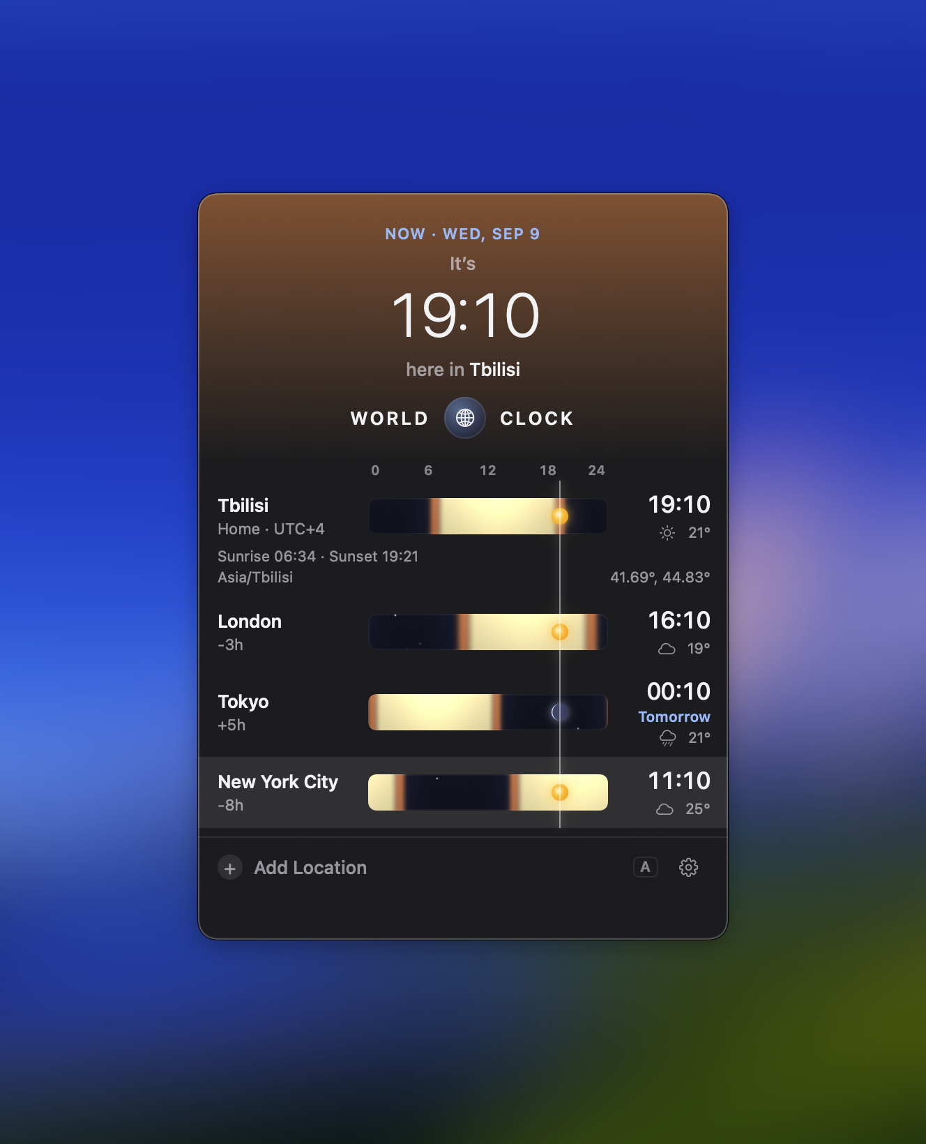 WorldClock on Mac, with local times and daylight strips for Tbilisi, London, New York, and Tokyo