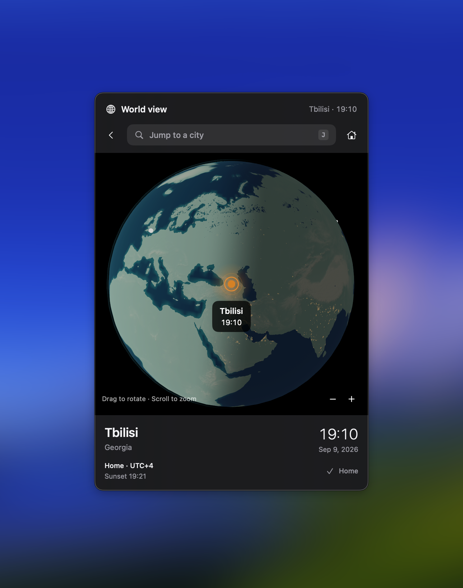 WorldClock’s world view on Mac, with the globe focused on Tbilisi